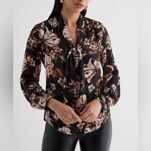 Relaxed Satin Floral Striped Tie Neck Portofino Shirt